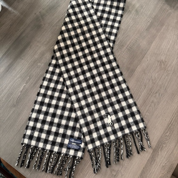 Polo Ralph Lauren Lamb wool black white gingham plaid fringe scarf NWOT - Picture 6 of 8